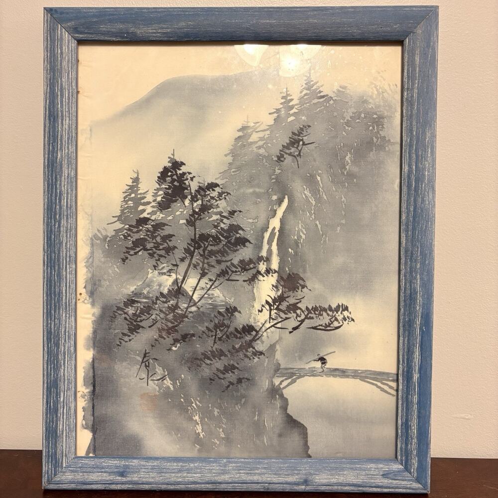 Japanese Blue Watercolor Sumi-e On Silk Mountain Waterfall Signature Seal Framed